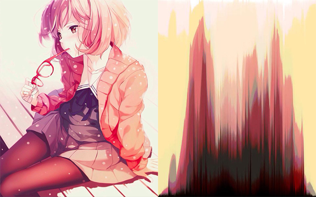Two images processed with my Python script. Left image is original. You can see anime girl on it. The right is the same image, but pixels are sorted by column.