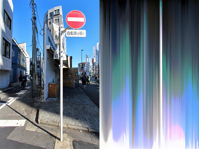 Two images processed with my Python script. Left image is original. You can see japanese street on it. The right is the same image, but pixels are sorted by column.