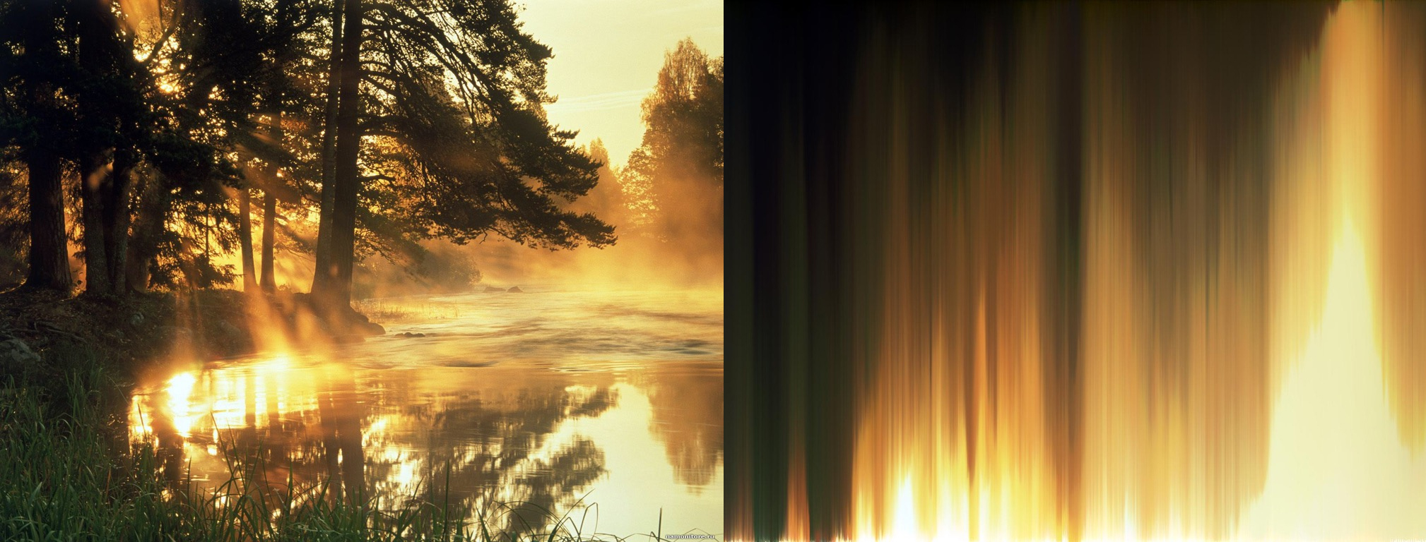 Two images processed with my Pyhton script. Left image is original. You can see trees and lake in sunset on it. The right is the same image, but pixels are sorted by column.